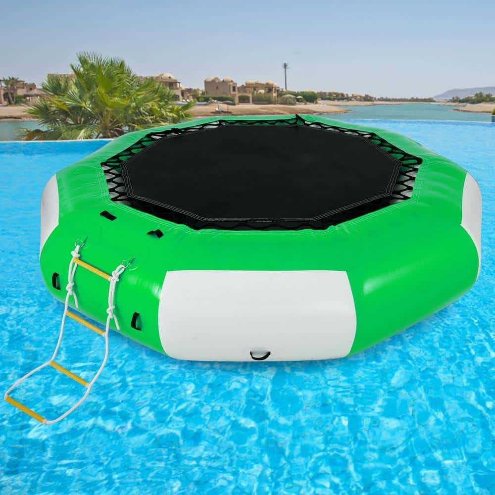 VEVOR Inflatable Water Trampoline 10 ft. Round Inflatable Water Bouncer with 4-Step Ladder for Water Sports,Green and White