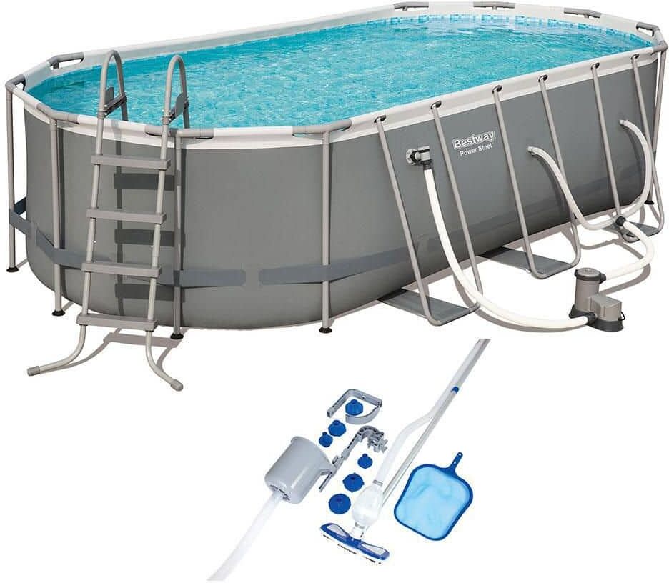 Bestway 18 ft. Power Steel Swimming Pool Set with Vacuum and Maintenance Kit, Oval