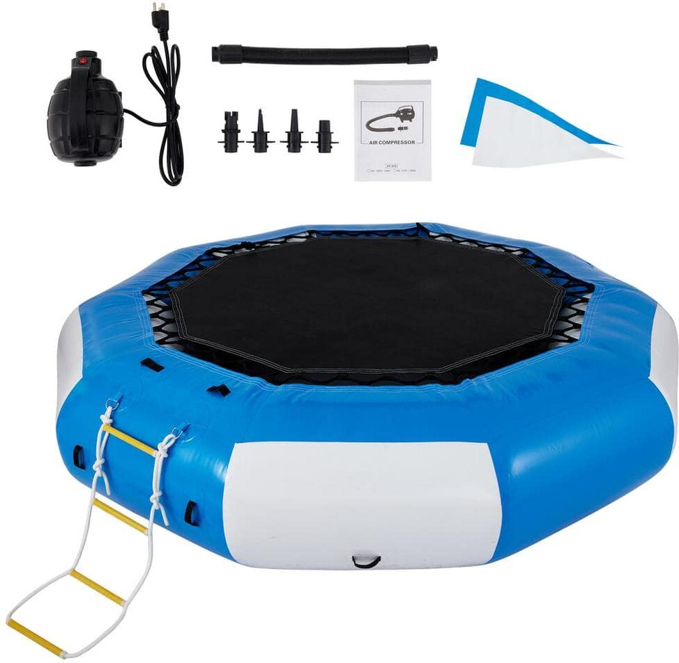 VEVOR Inflatable Water Trampoline 10 ft. Round Inflatable Water Bouncer with Escalator for Water Sports,Blue and White