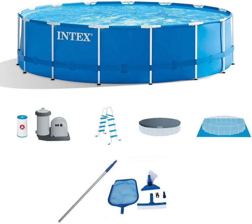 Intex 15 ft. x 48 in. Deep Metal Frame Above-Ground Round Pool and Maintenance Kit with Vacuum and Pole