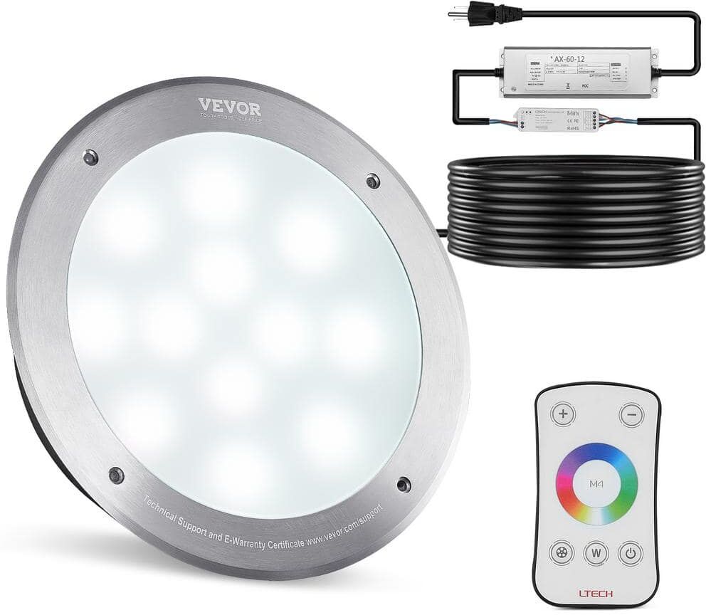 VEVOR 120-Volt AC LED Pool Light 10 in. 40-Watt RGBW Color Changing Inground Swimming Pool Light 100 ft. Cord Remote Control