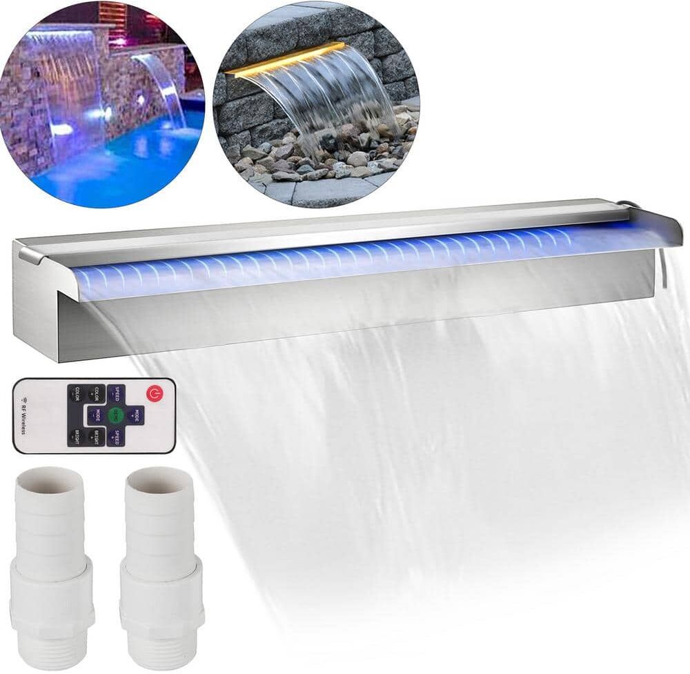 VEVOR 35 x 3.2 x 8.1 in. Fountain Spillway with 17 Colors Led Pool Water Fall Kit with Remote Pool Waterfalls for Pool