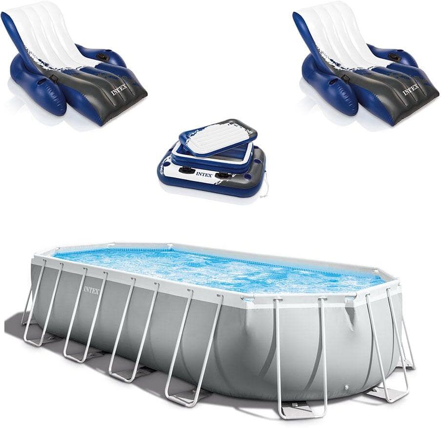 Intex Prism 20 ft. x 10 ft. Oval 48 in. D Metal Pool with Inflatable Loungers (2-Pack) and Inflatable Cooler