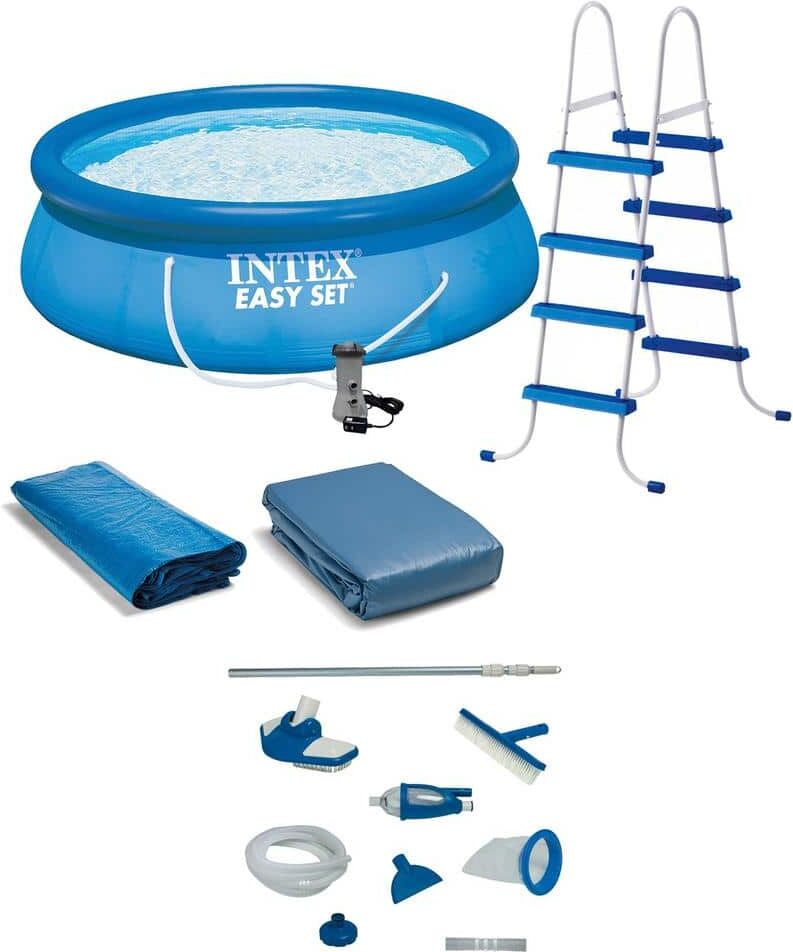 Intex Easy Set 15 ft. Round 48 in. Deep Above Ground Inflatable Pool with Ladder, Pump and Deluxe Pool Maintenance Kit