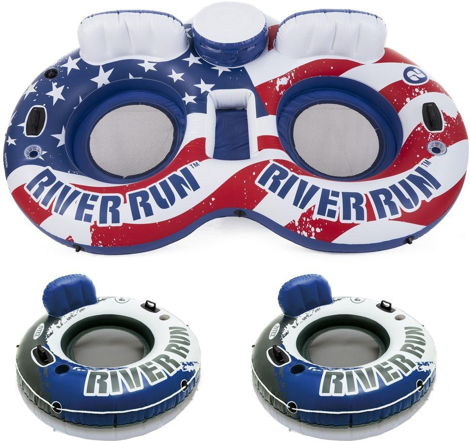 Intex American Flag 2 Person Float w/River Run 1 Person Tube (2 Pack), Multi-Color