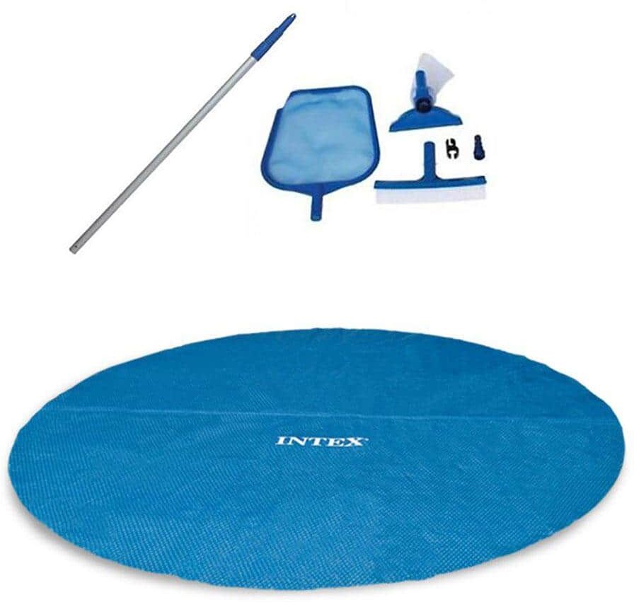 Intex 18 ft. L x 18 ft. W Round Easy Solar Cover for Above Ground Pool and Maintenance Kit with Vacuum Skimmer and Pole