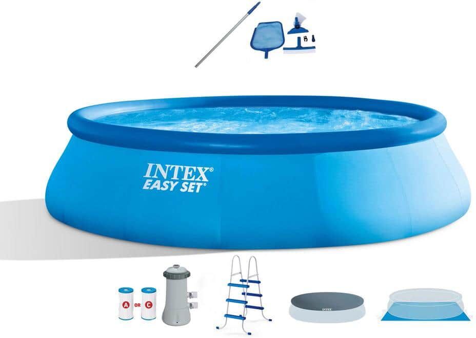 Intex 15 ft. x 42 in. Round Inflatable Swimming Pool with Ladder, Cover, Pump, Vacuum and Pole