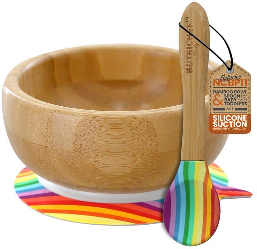 NutriChef Rainbow Bamboo Bowl with Silicone Suction and Spoon for Baby and Toddlers