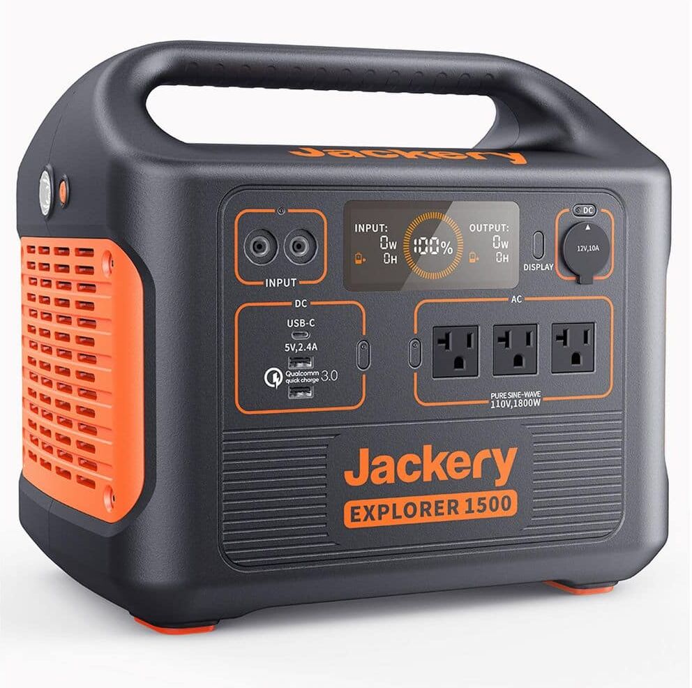 Jackery 1800-Watt Output/3600W Peak Portable Solar Power Station Explorer 1500 Push Start Battery Generator for Outdoors/Camping