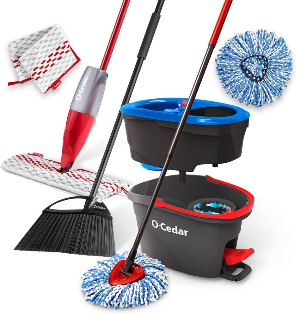 O-Cedar EasyWring RinseClean Spin Mop System +1 Extra Refill, ProMist MAX Spray Mop +1 Extra Refill, PowerCorner Outdoor Broom