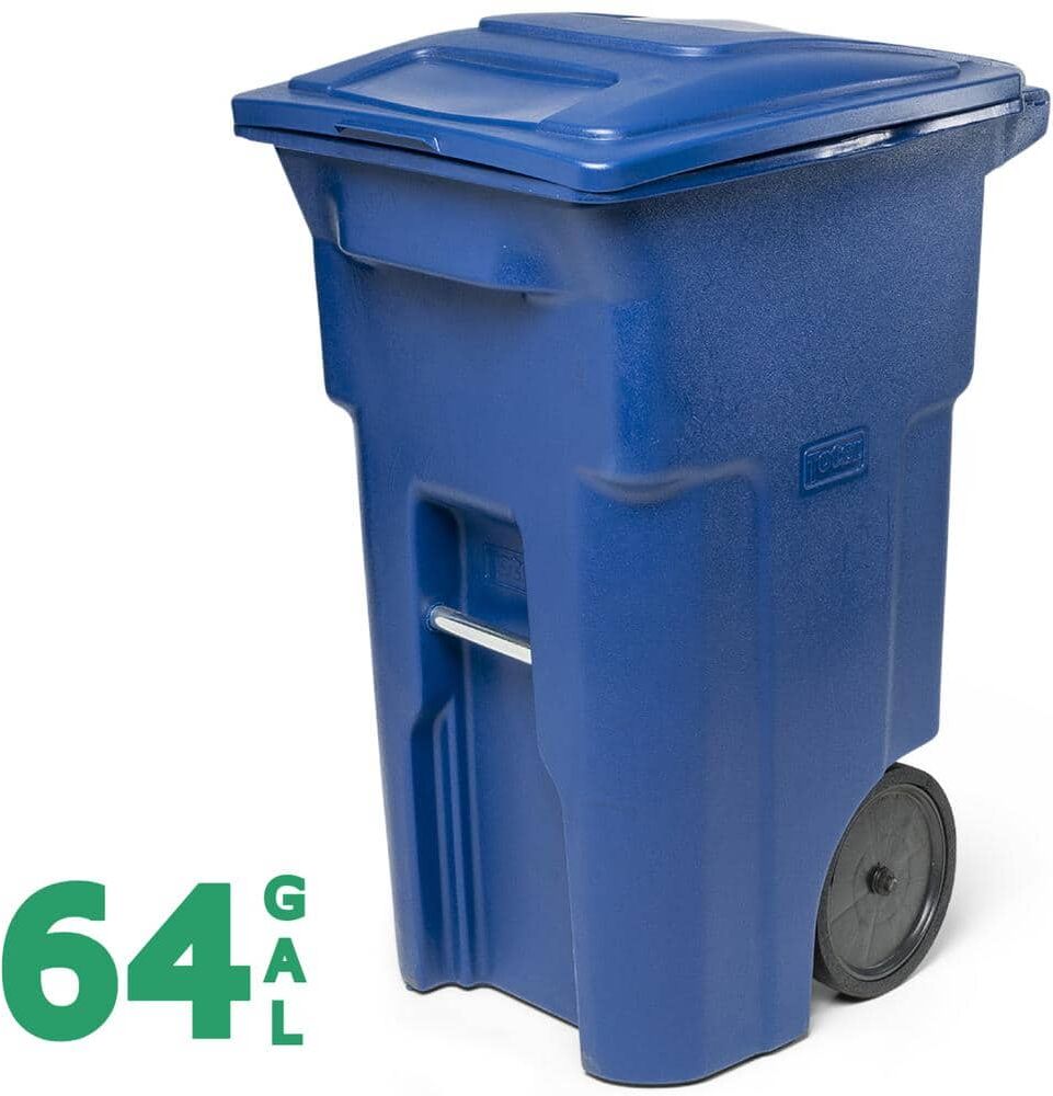 Toter 64 Gallon Blue Outdoor Trash Can/Garbage Can with Quiet Wheels and Attached Lid