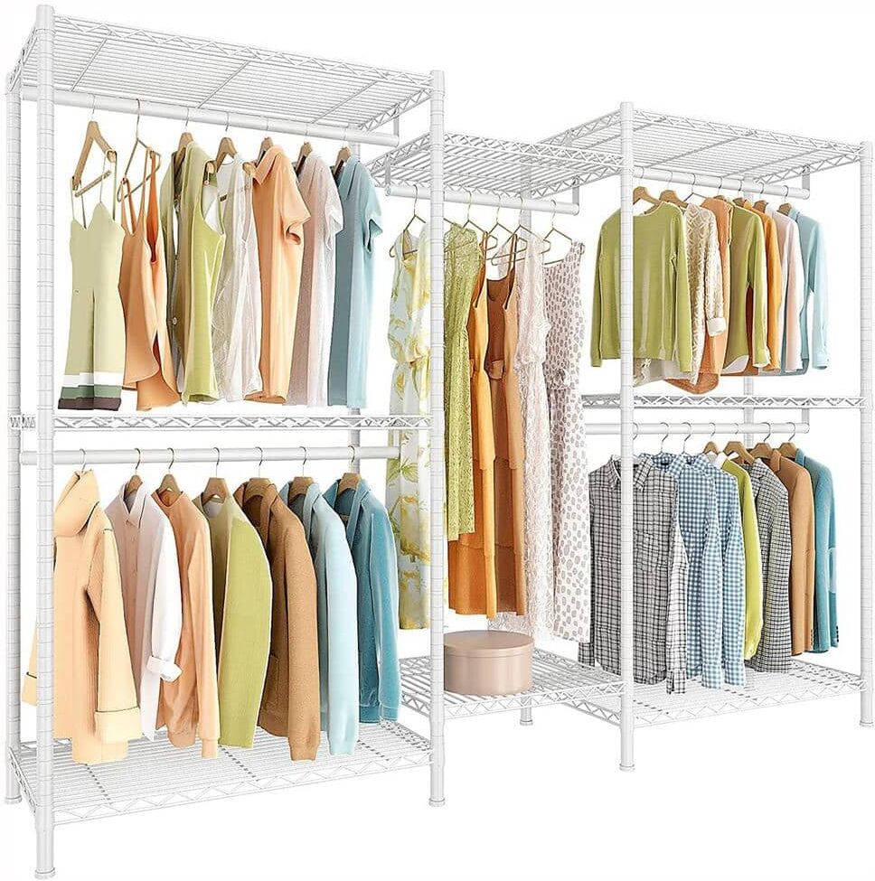 White Metal Garment Clothes Rack with Shelves 74.8 in. W x 76.8 in. H