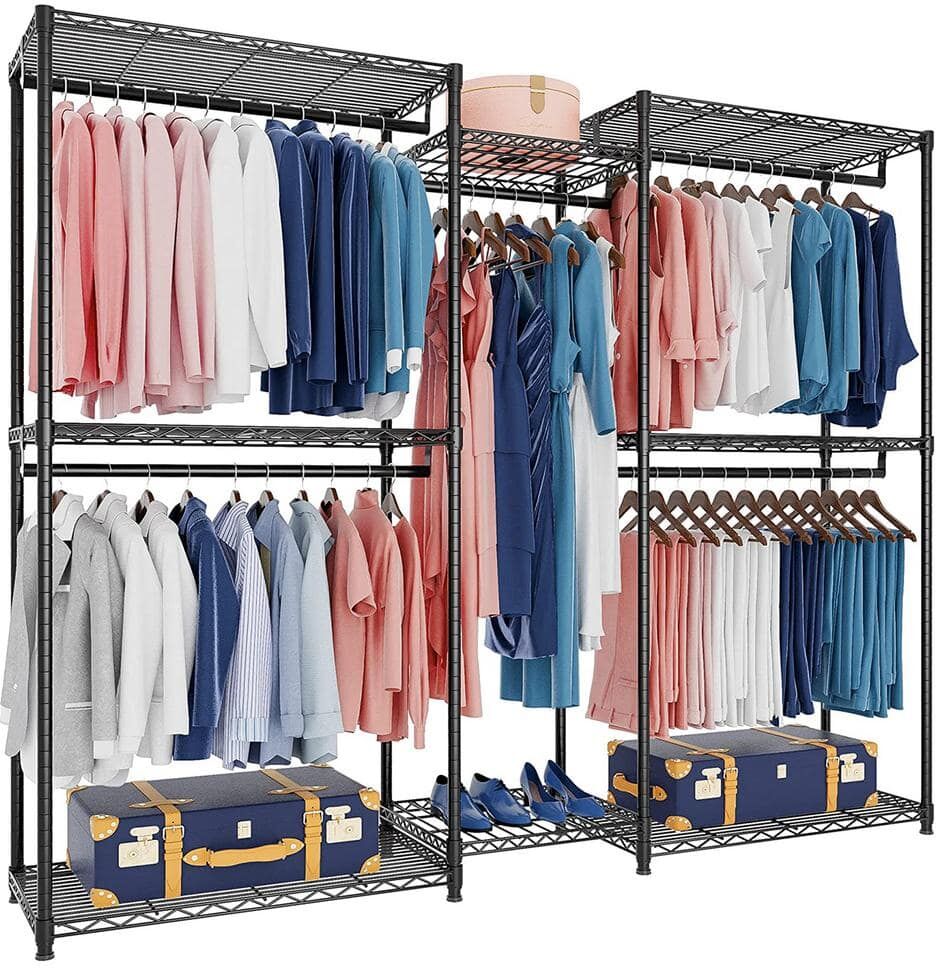 Black Metal Garment Clothes Rack with Shelves 74.8 in. W x 76.8 in. H