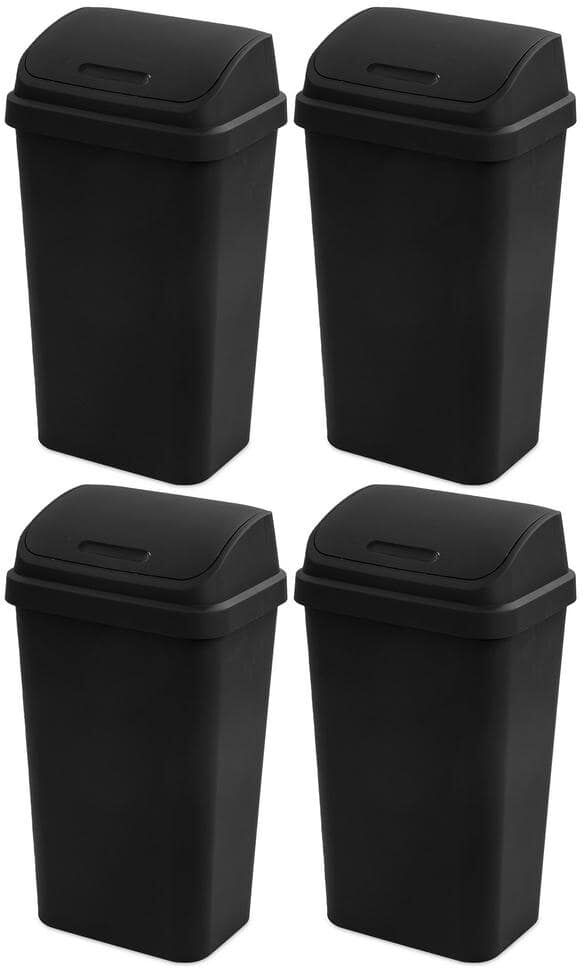 Sterilite 13 Gal. Black Swing Top Lid Kitchen Wastebasket Plastic Household Trash Can (4-Pack)