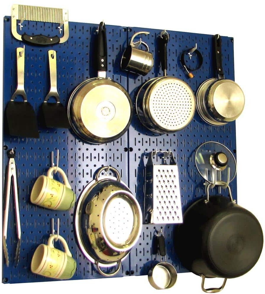 Wall Control Kitchen Pegboard 32 in. x 32 in. Metal Peg Board Pantry Organizer Kitchen Pot Rack Blue Pegboard and White Peg Hooks