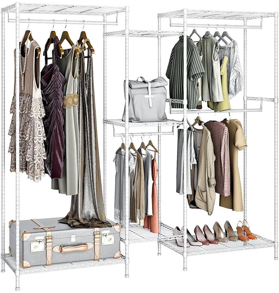 White Metal Garment Clothes Rack with Shelves 74.4 in. W x 76.8 in. H