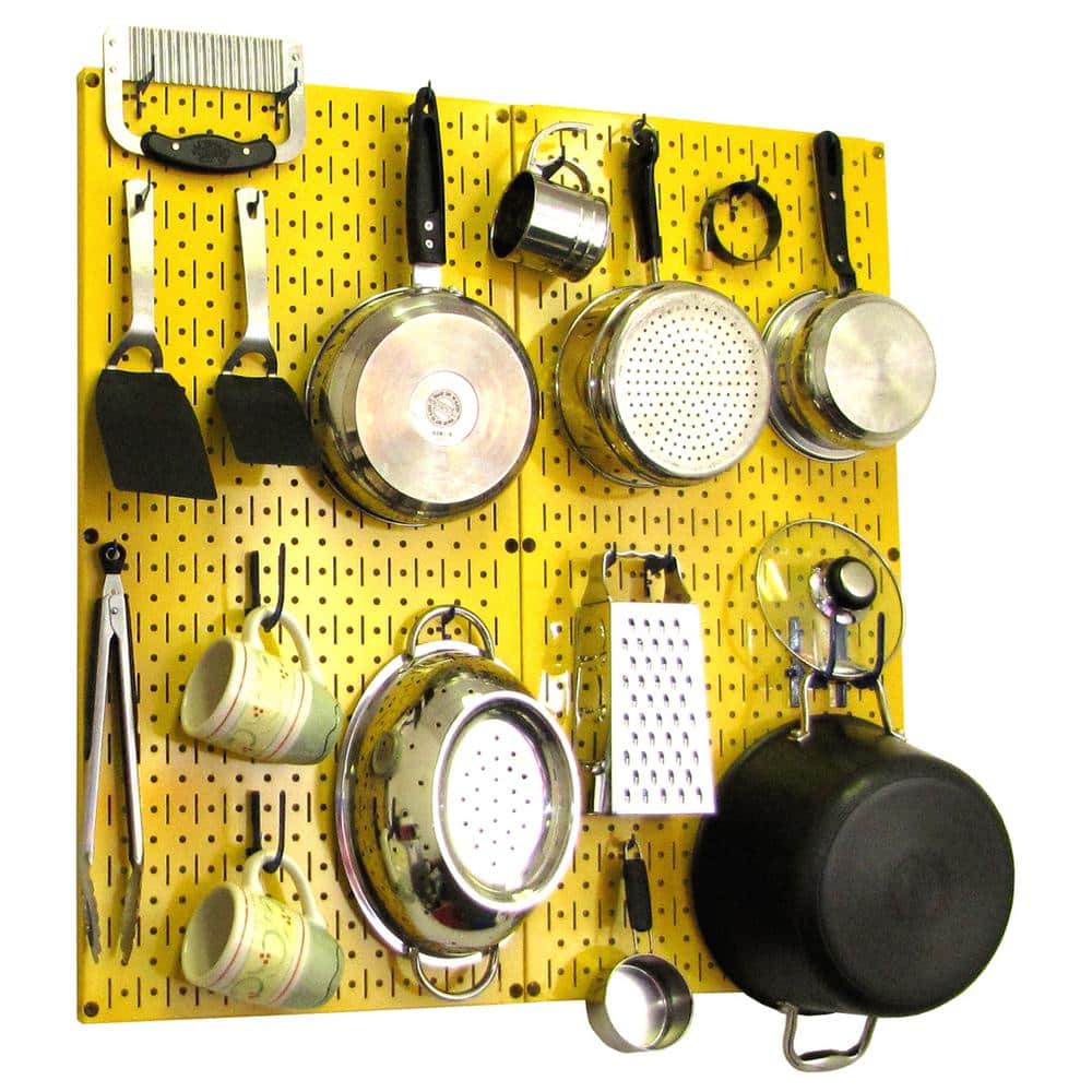 Wall Control Kitchen Pegboard 32 in. x 32 in. Metal Peg Board Pantry Organizer Kitchen Pot Rack Yellow Pegboard and Blue Peg Hooks