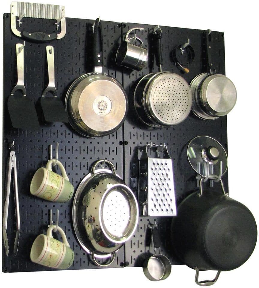 Wall Control Kitchen Pegboard 32 in. x 32 in. Metal Peg Board Pantry Organizer Kitchen Pot Rack Black Pegboard and White Peg Hooks