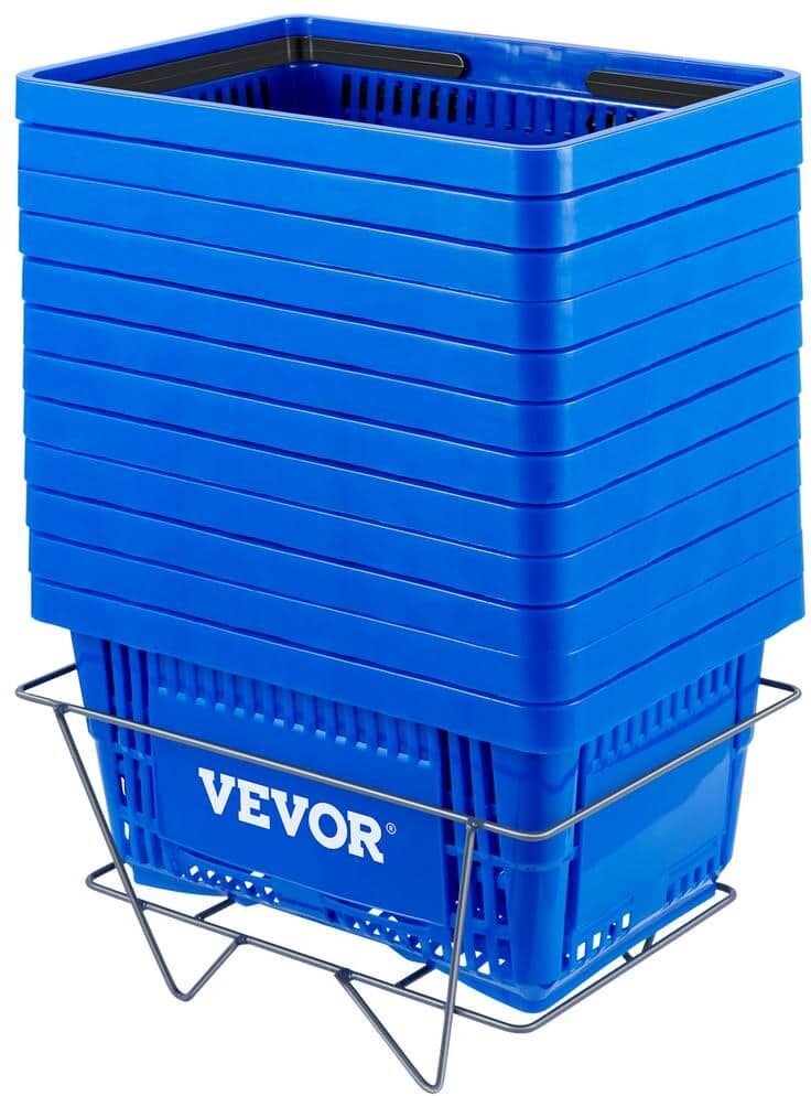 VEVOR Shopping Baskets 16.9 in. x 11.8 in. x 8.7 in. Blue Store Baskets with Plastic Handle and Iron Stand (Set of 12)