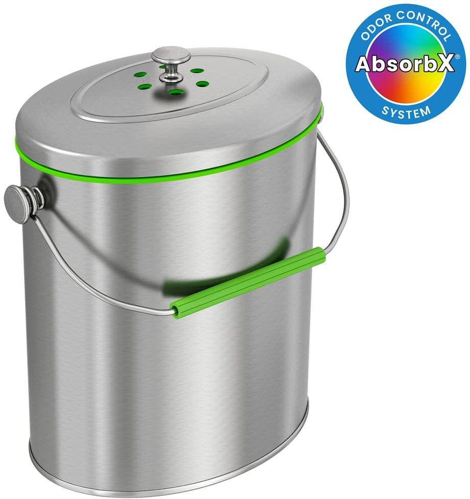 iTouchless 1.6 Gal. Titanium Oval Compost Bin with AbsorbX Odor Filter System, Pest-Proof, Rust-Free Kitchen Countertop Trash Can