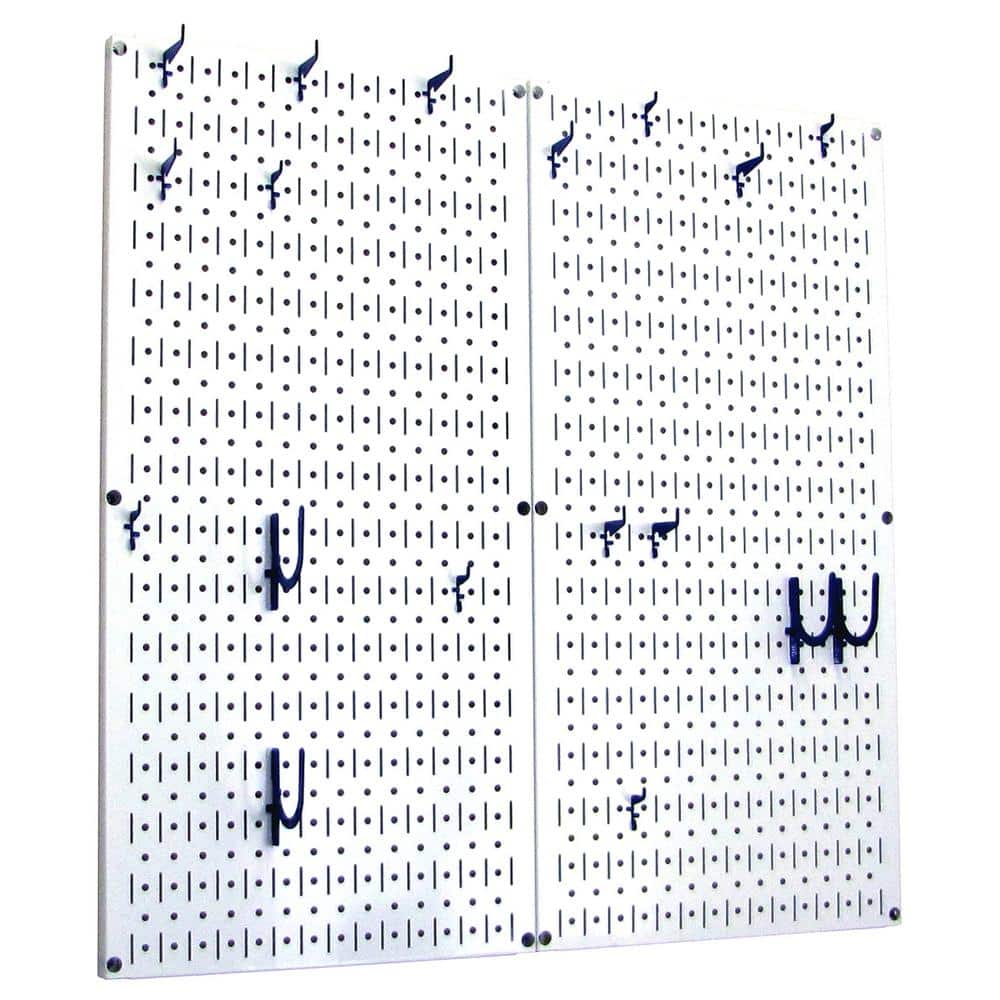 Wall Control Kitchen Pegboard 32 in. x 32 in. Metal Peg Board Pantry Organizer Kitchen Pot Rack White Pegboard and Blue Peg Hooks