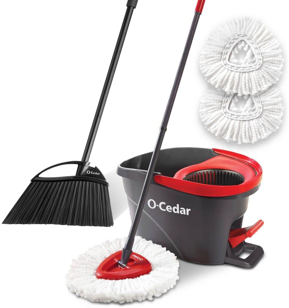 O-Cedar EasyWring Microfiber Spin Mop with Bucket System +2 Extra Mop Head Refills and PowerCorner Outdoor Angle Broom