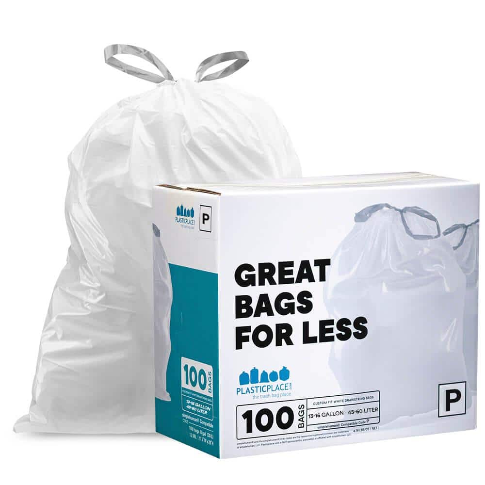 Plasticplace 13-16 Gal. / 50-60 Liter White Garbage Liners Compatible with Simplehuman Code P 23.75 in. x 31.5 in. (100-Count)