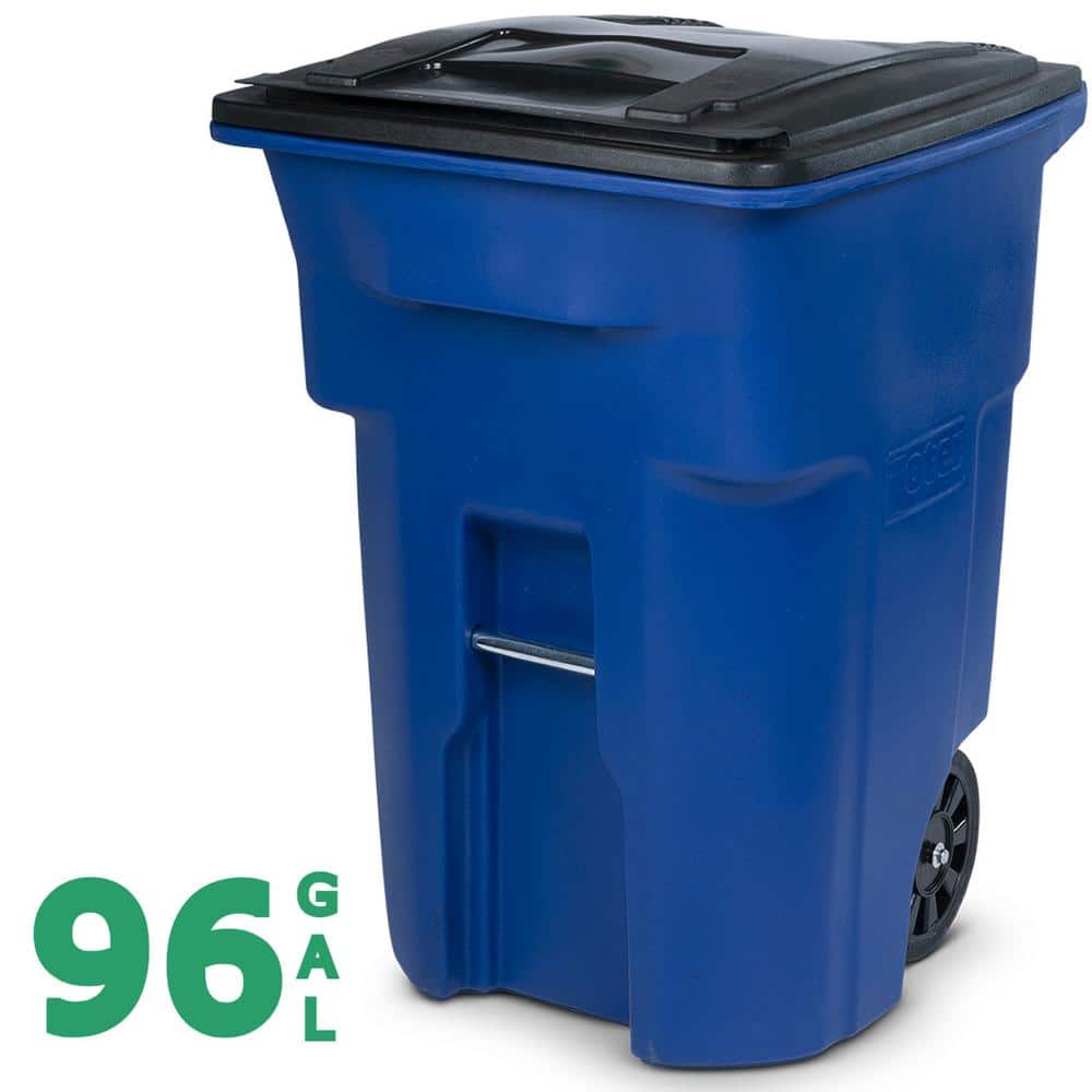 Toter 96 Gallon Blue Outdoor Trash Can/Garbage Can with Quiet Wheels and Attached Lid