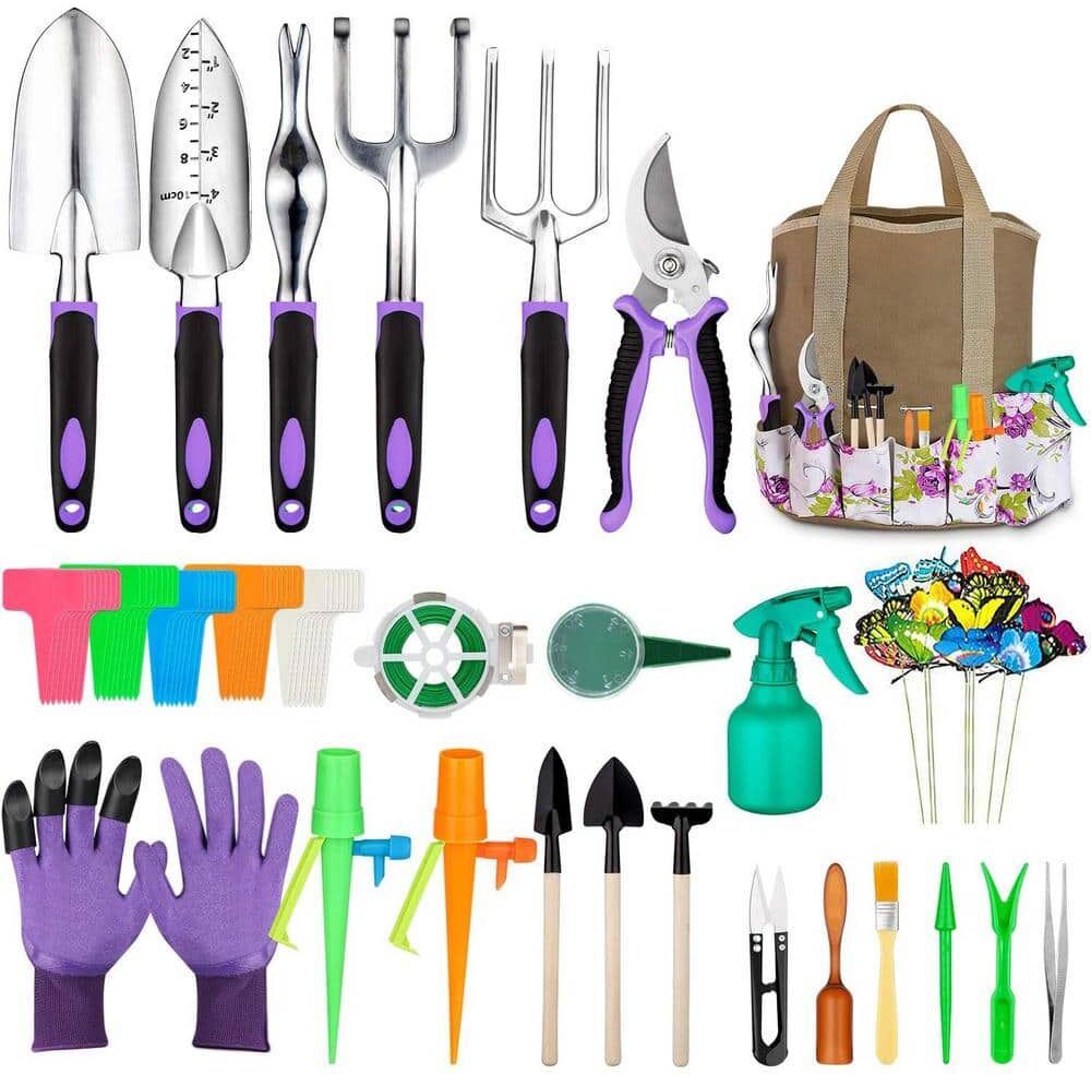 ITOPFOX 83-Piece Garden Tool Set Heavy Duty Aluminum Non-Slip Ergonomic Handle Succulent Set Included Storage Tote Bag in Purple