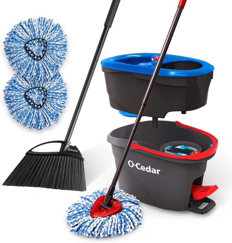 O-Cedar EasyWring RinseClean Spin Mop with 2-Tank Bucket System, 2 Extra Mop Head Refills, and PowerCorner Outdoor Broom