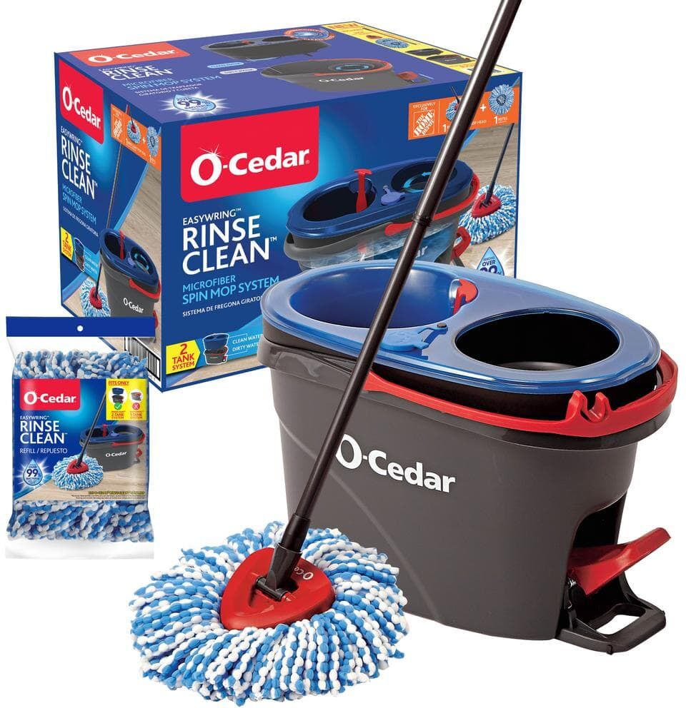 O-Cedar EasyWring RinseClean Microfiber Spin Mop with 2-Tank Bucket System and 1 Extra Mop Head Refill