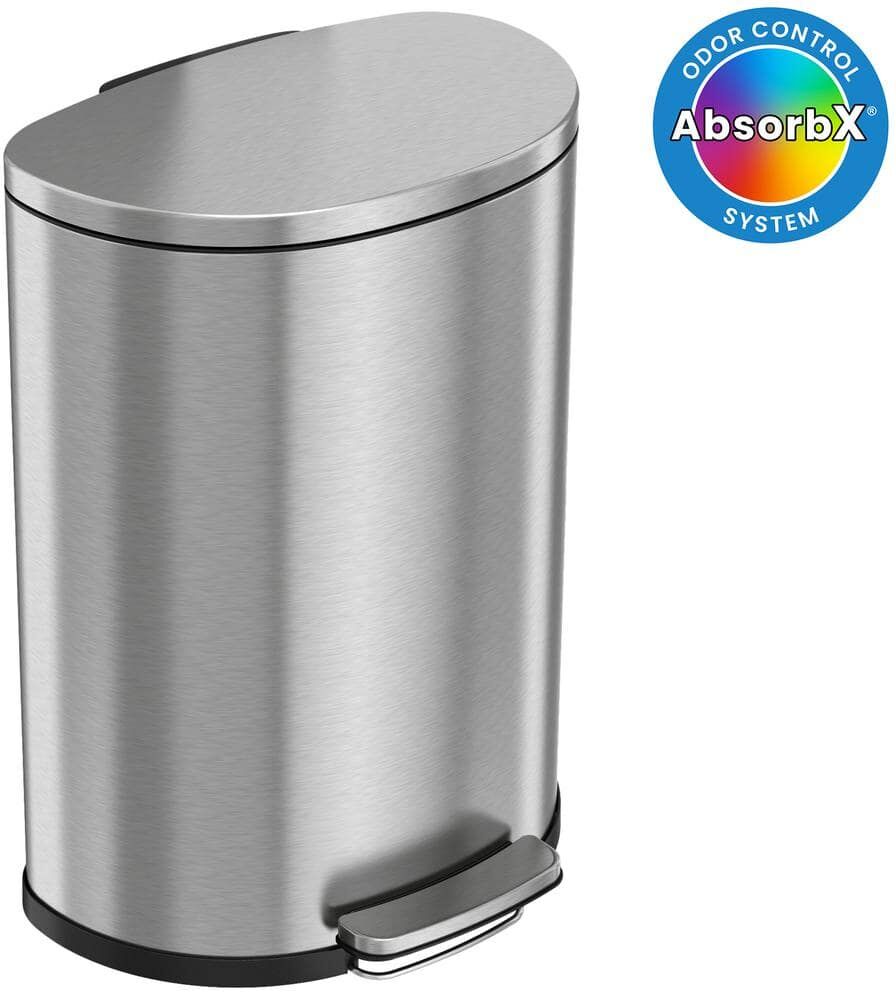 iTouchless SoftStep 13.2 Gal. Semi-Round Stainless Steel Step Trash Can with Odor Control System and Inner Bin for Office, Kitchen