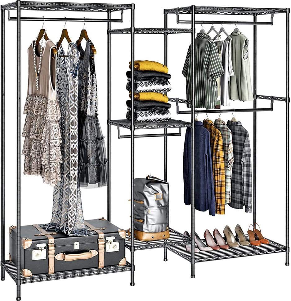 Black Metal Garment Clothes Rack with Shelves 74.4 in. W x 76.8 in. H