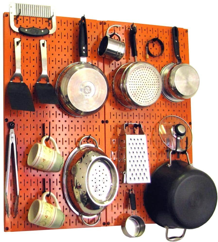 Wall Control Kitchen Pegboard 32 in. x 32 in. Metal Peg Board Pantry Organizer Kitchen Pot Rack Orange Pegboard and Black Peg Hooks