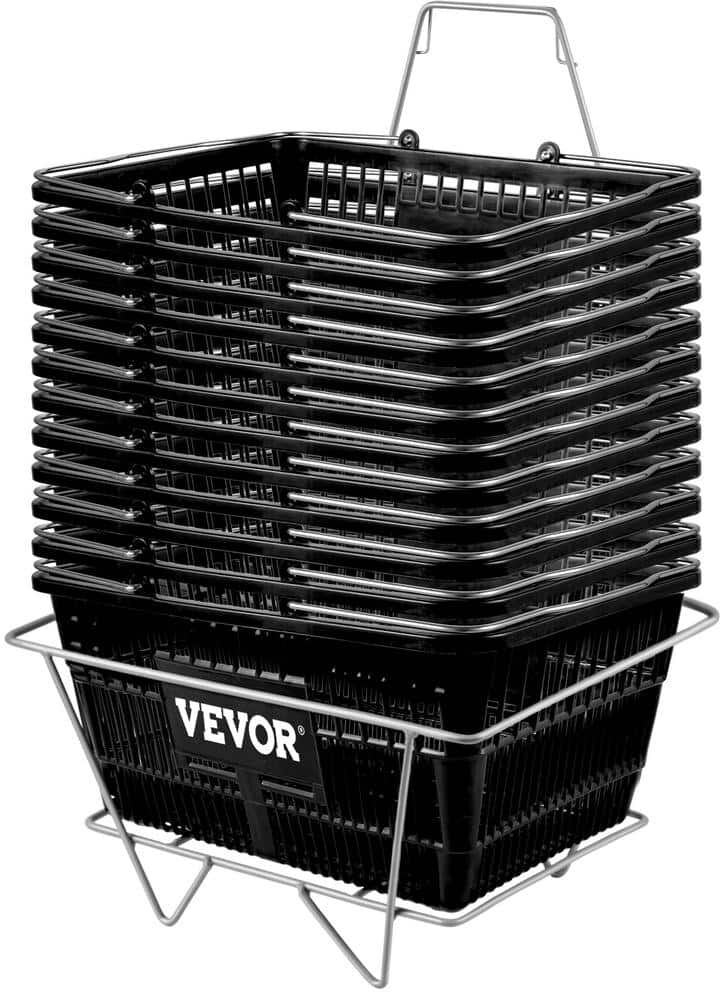 VEVOR Shopping Basket Sets of 12 Durable PE Material Baskets with Handle and Stand Cleaning Cart for Supermarket, Retail