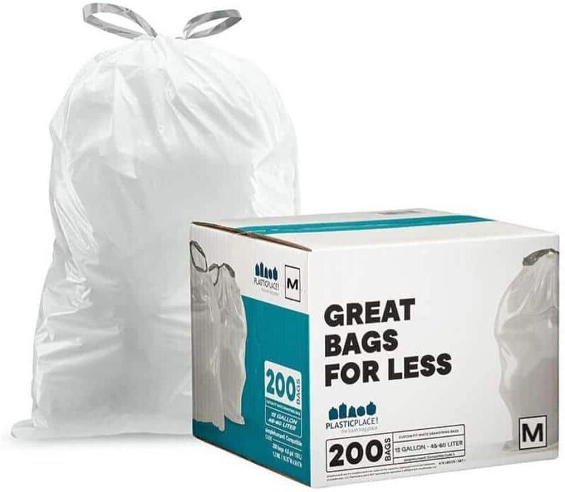 Plasticplace 21.5 in. x 30.75 in., 12-16 Gal White Drawstring Trash Bags simplehuman* Code M Compatible (200-Count 2-Pack)