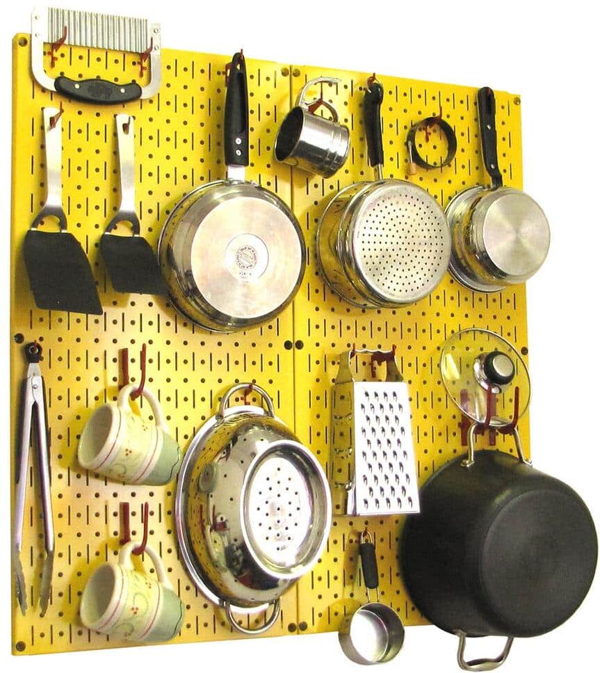 Wall Control Kitchen Pegboard 32 in. x 32 in. Metal Peg Board Pantry Organizer Kitchen Pot Rack Yellow Pegboard and Red Peg Hooks