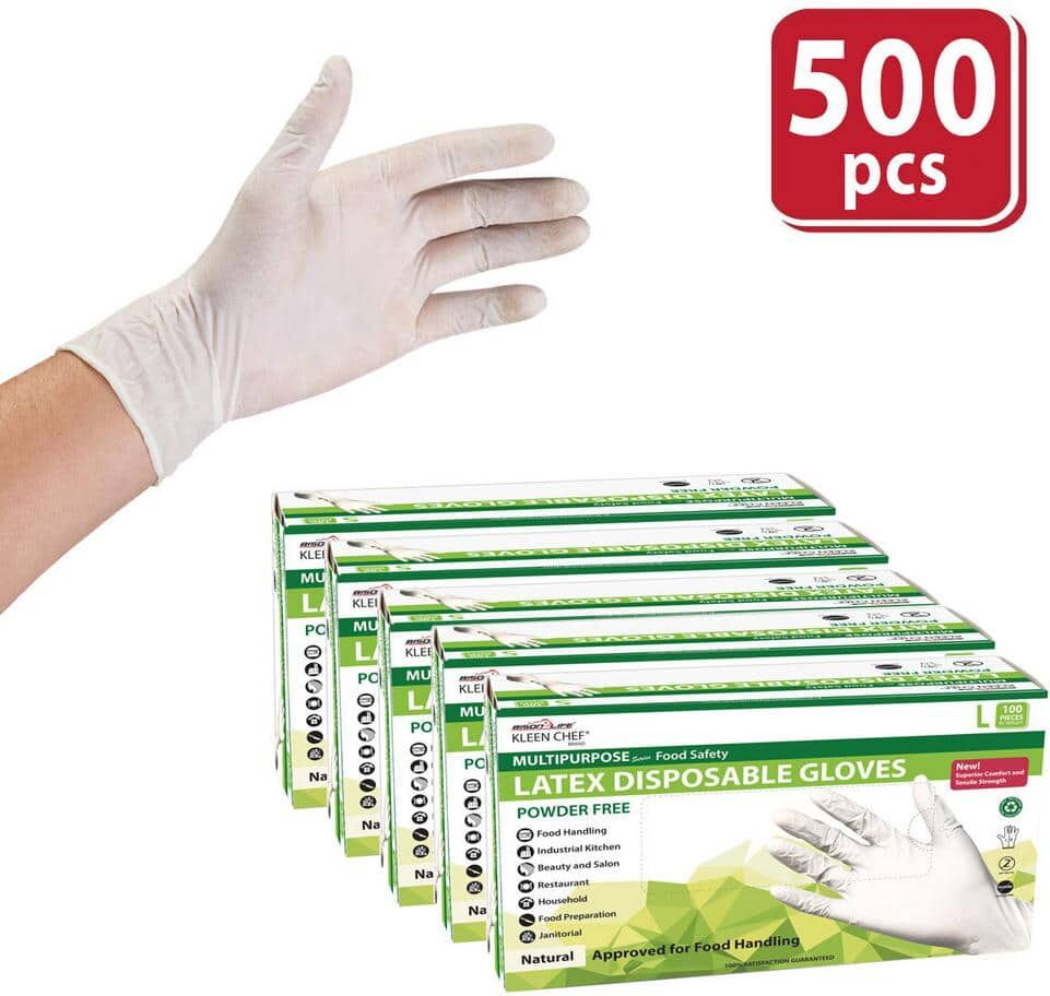 KLEEN CHEF Large, Latex Gloves Disposable Food Preparation Multi-Purpose Natural Disposable (500-Pieces)