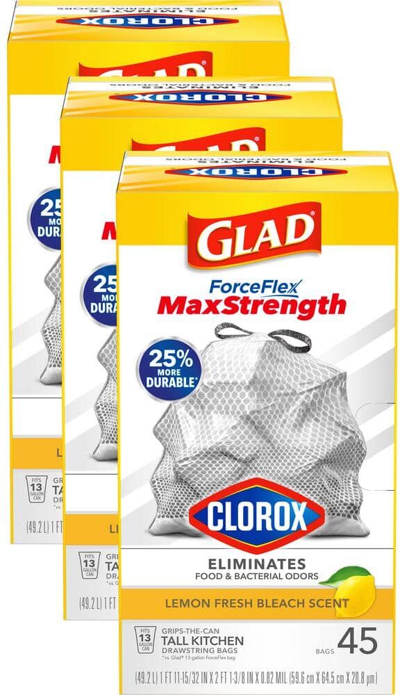 Glad ForceFlex Plus 13 Gal. Lemon Fresh Bleach Scent Grey Kitchen Drawstring Trash Bags with Clorox (45-Count, 3-Pack))