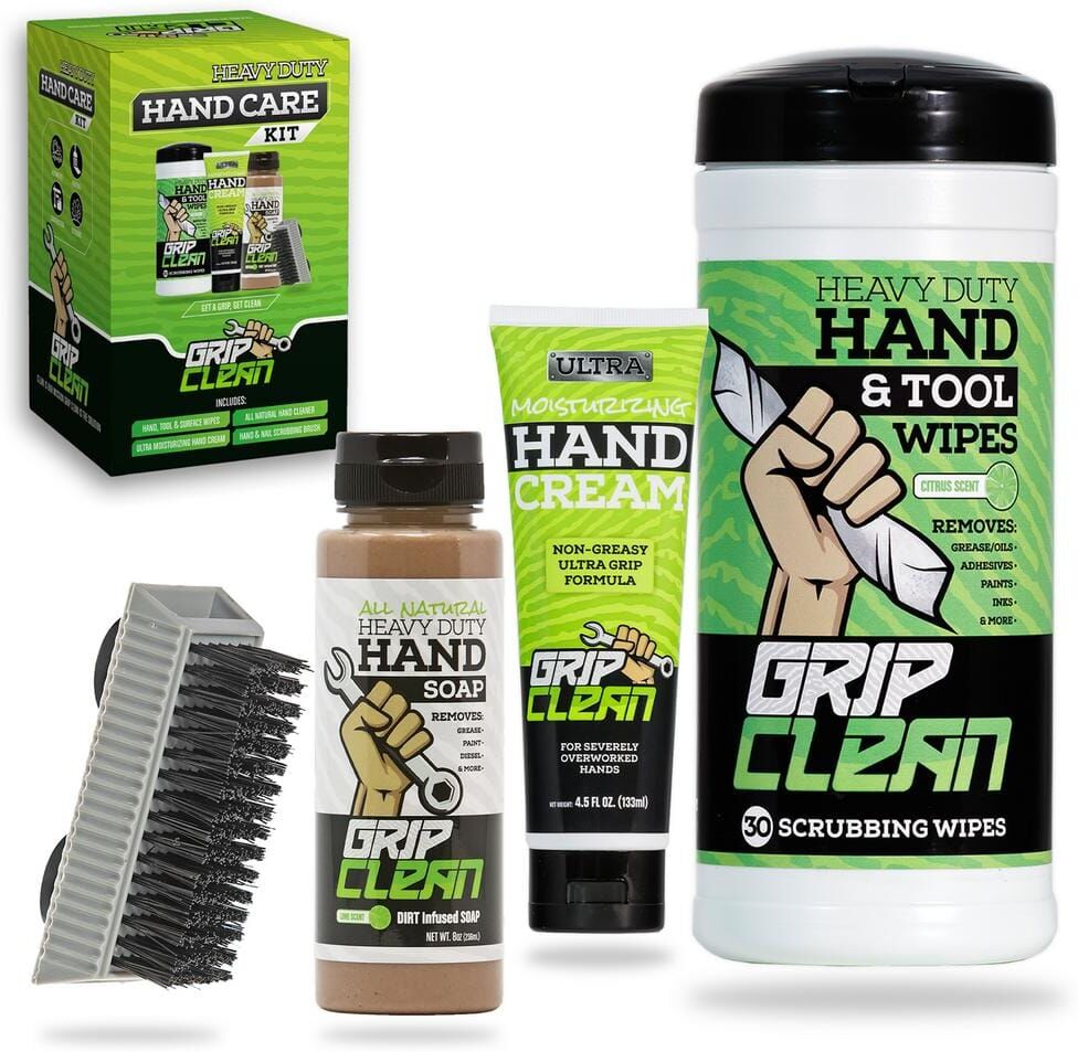 GRIP CLEAN Heavy-Duty Hand Care Kit - Hand Cleaner + Hand Wipes + Hand Cream + Nail Brush - Bundled Item Kit For Dirty Hands