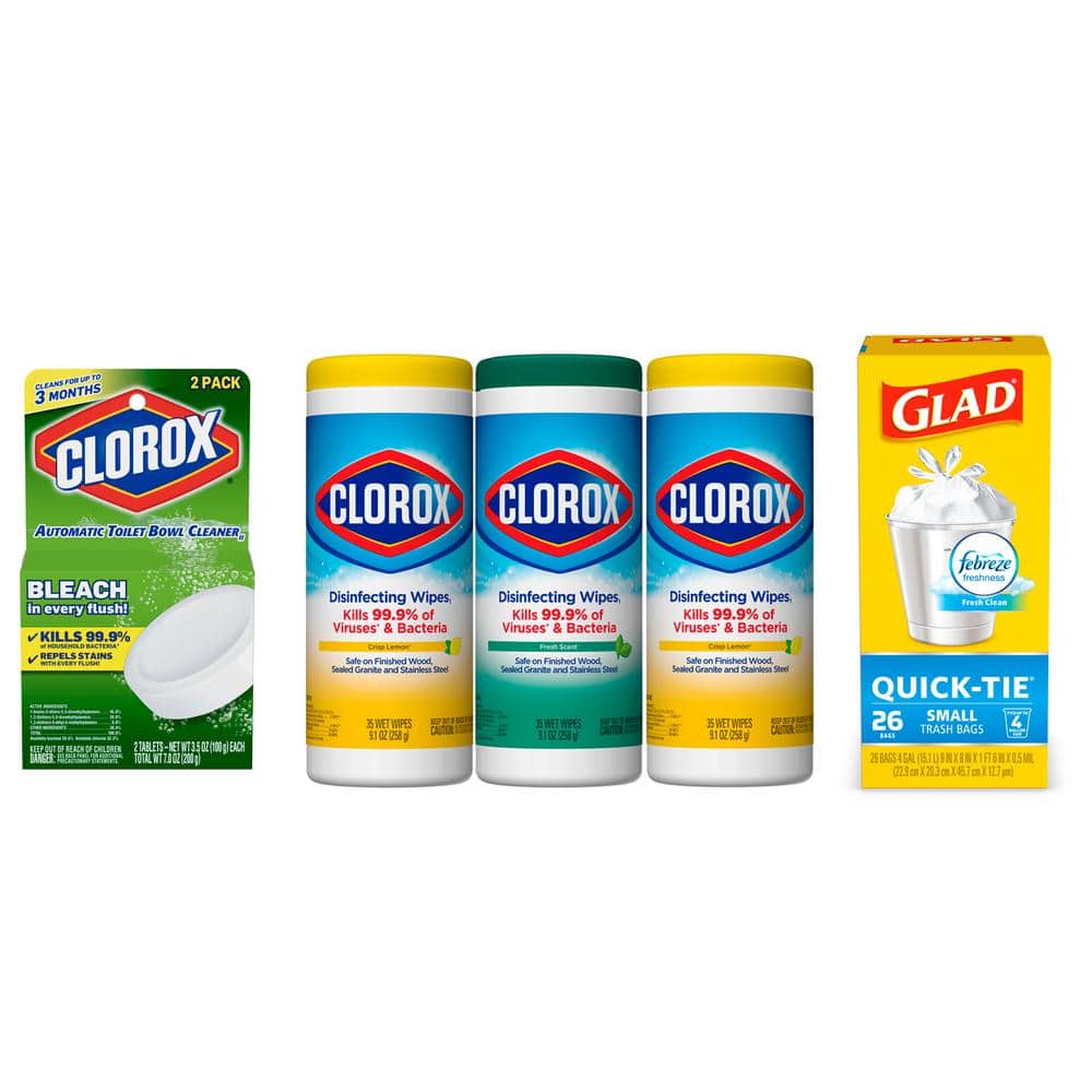 Clorox Get Your Bathroom Cleaner with Automatic Disposable Toilet Bowl Tablets, Disinfecting Wipes and 4 Gal. Trash Bags