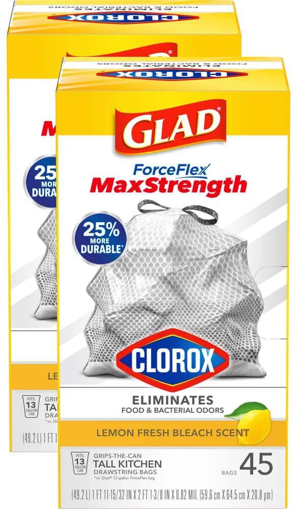 Glad ForceFlex MaxStrength 13 Gal. Lemon Fresh Bleach Scent Grey Kitchen Drawstring Trash Bags with Clorox (45-Count, 2-Pack)