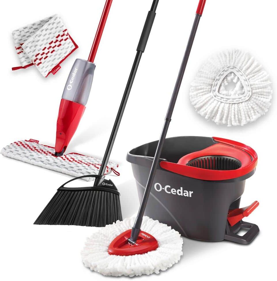 O-Cedar EasyWring Spin Mop with Bucket System +1 Extra Refill, ProMist MAX Spray Mop +1 Extra Refill, PowerCorner Outdoor Broom