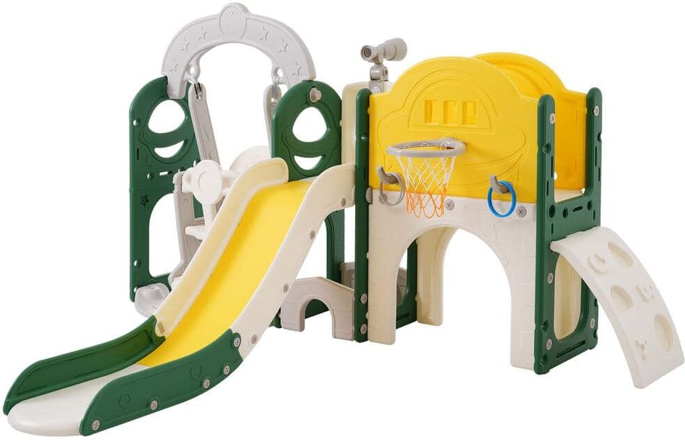 Yellow 8 in 1 Toddler Freestanding Slide Set with Basketball Hoops for Babies Indoor and Outdoor