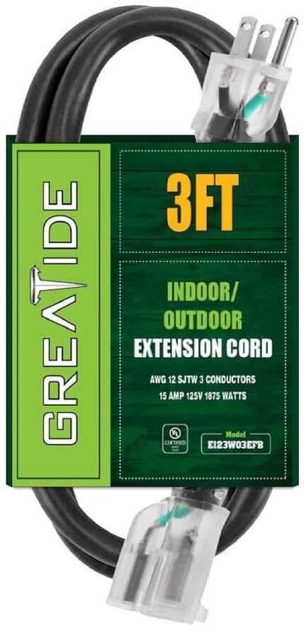 Etokfoks 3 ft. 12/3 Heavy-Duty Outdoor Extension Cord with 3 Prong Grounded Plug-15 Amps Power Cord Black