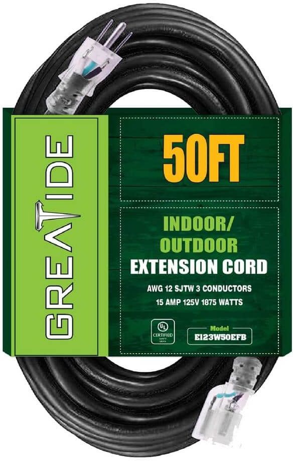 Etokfoks 50 ft. 12/3 Heavy Duty Outdoor Extension Cord with 3 Prong Grounded Plug-15 Amps Power Cord Black