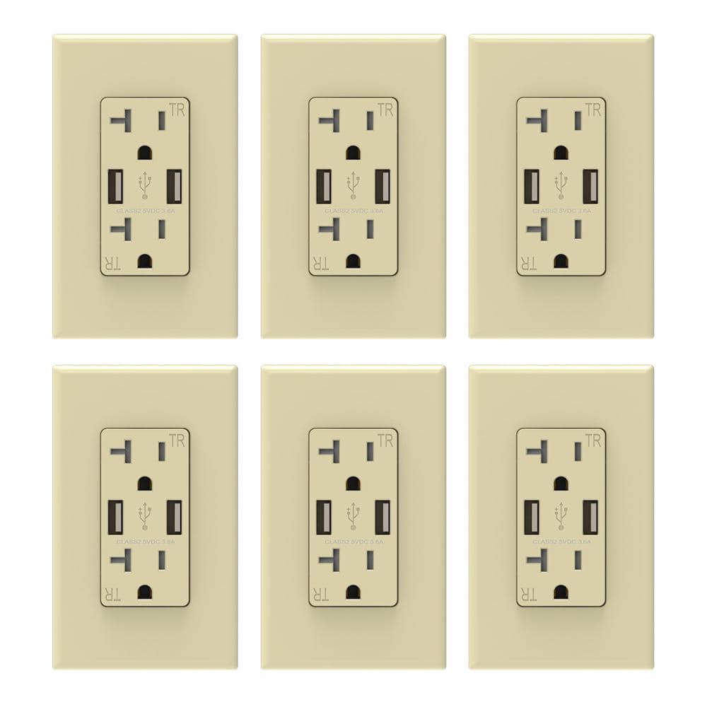 ELEGRP 3.6 Amp USB Dual Type A In-Wall Charger with 20 Amp Duplex Tamper Resistant Outlet, Wall Plate Included, Ivory (6-Pack)