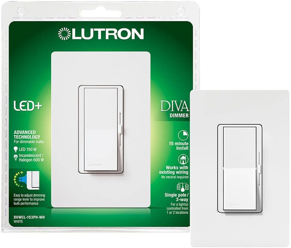 Lutron Diva LED+ Dimmer Switch with Wallplate for Dimmable LED Bulbs, 150-Watt/Single-Pole or 3-Way, White (DVWCL-153PH-WH)