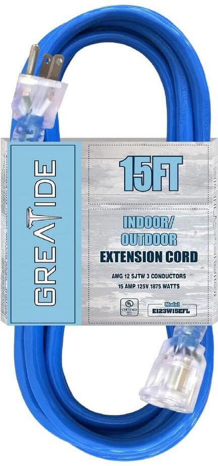 Etokfoks 15 ft. 12/3 Heavy Duty Outdoor Extension Cord with 3 Prong Grounded Plug-15 Amps Power Cord Blue