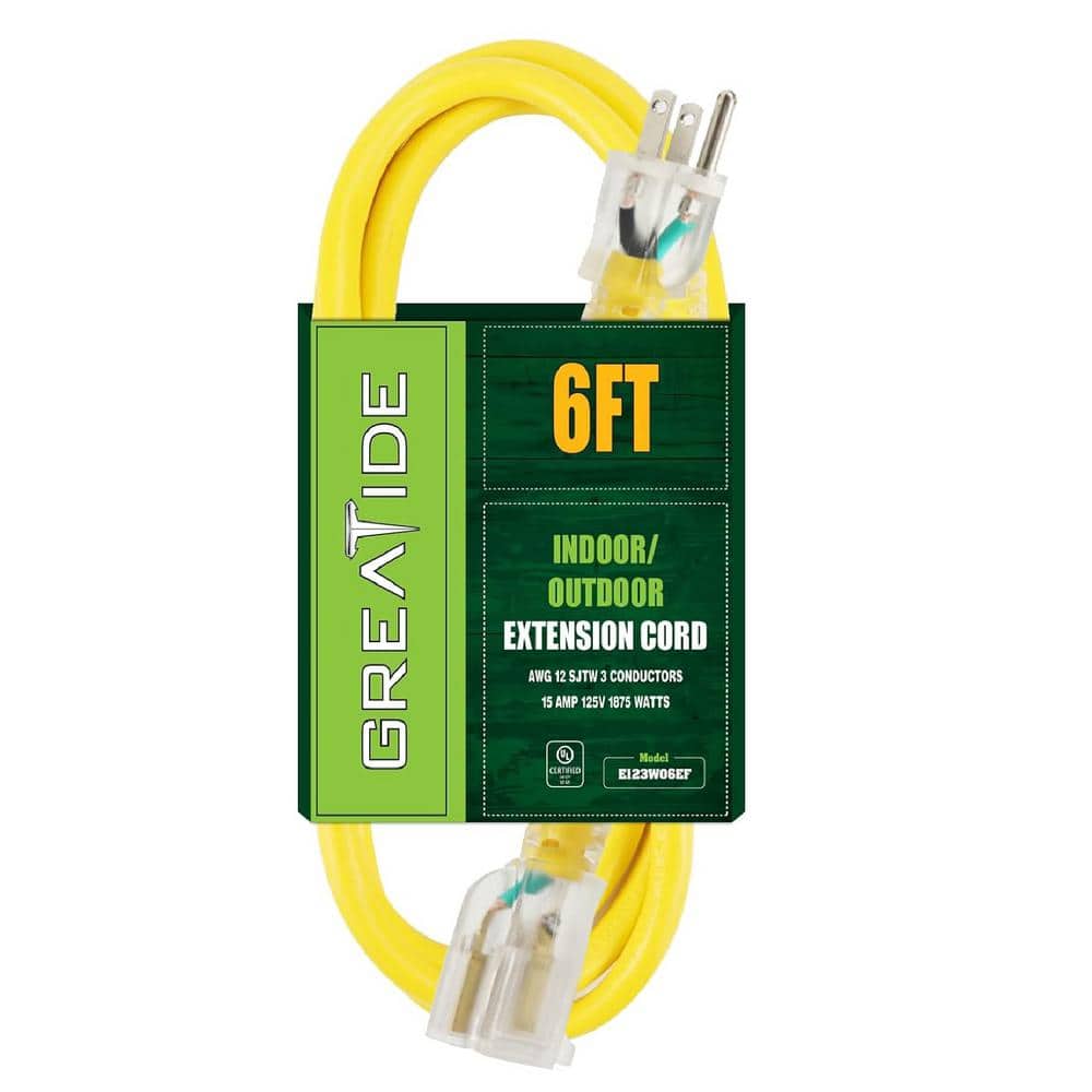 Etokfoks 6 ft. 12/3 Heavy-Duty Outdoor Extension Cord with 3 Prong Grounded Plug-15 Amps Power Cord Yellow